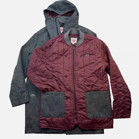 Lacoste Jacket Coat Water Repellent Gray Burgundy Large - Picture 1 of 15
